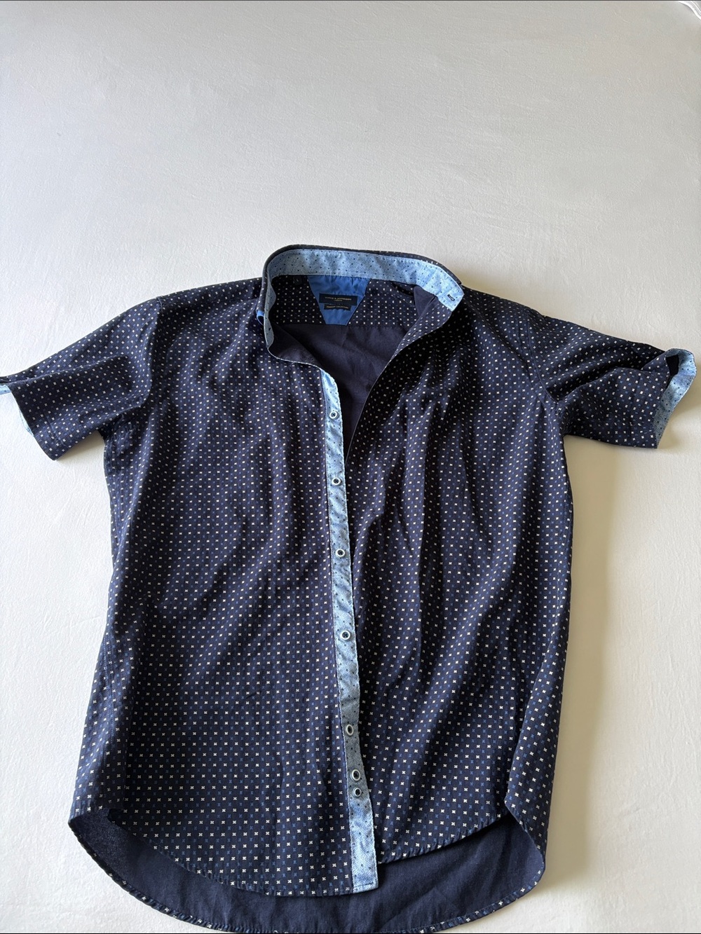 Men's Navy Short-Sleeve Button-Up Shirt with Dot Print